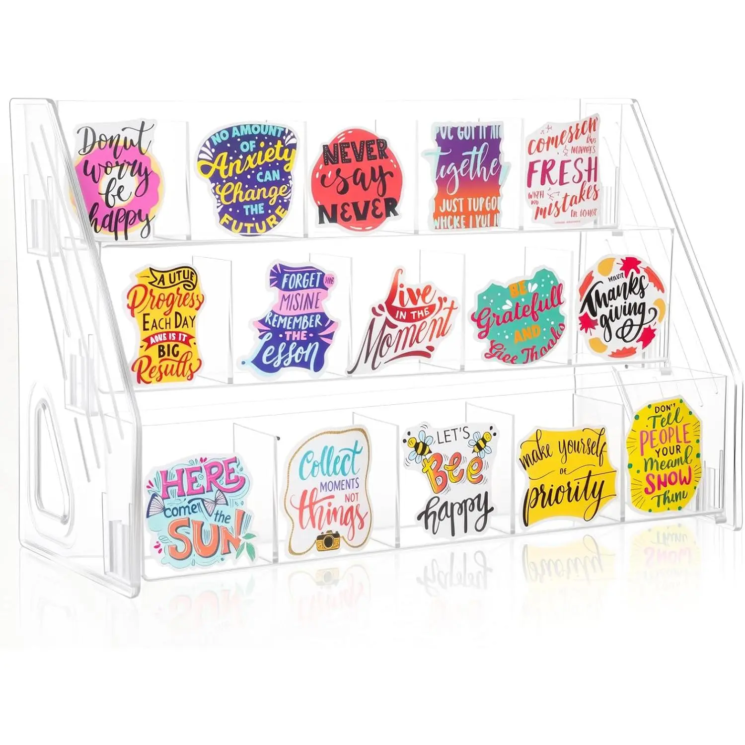 Acrylic Sticker Display Stand with Divided Pockets, Portable Bookmark Holder Tiered Display Stand, Clear Desk Organizer for Home, Retail or Craft Fair Use(15 Pockets, 3 Tier)