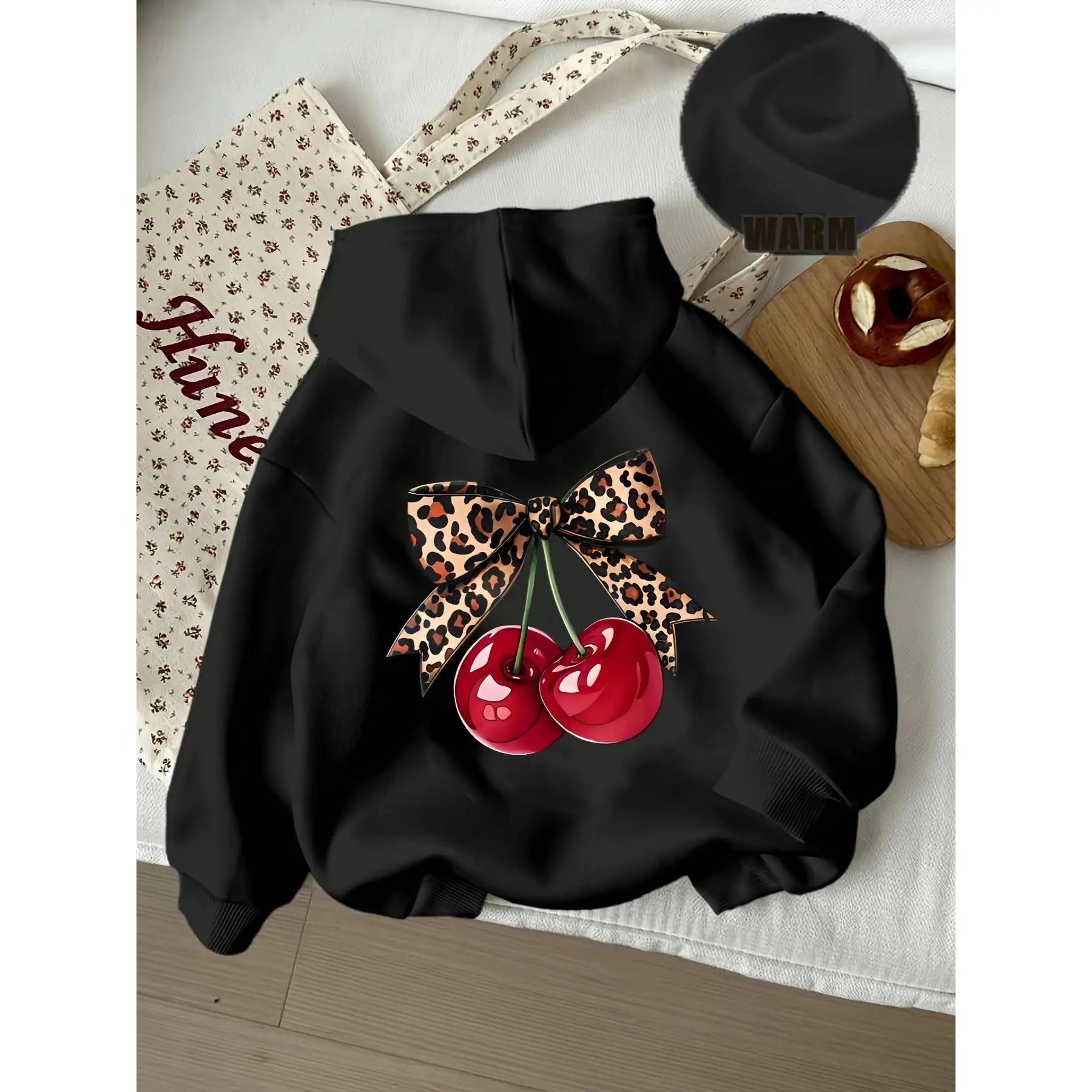 D92-Women's Cherry Print Hoodie Sweatshirt - Casual Pocket Sweatshirt, Back-to-School Season Women's Sweatshirt Jacket, Women's Casual Sports Sweatshirt Top, Street Fashion Hooded Sweatshirt Jacket, Suitable for Spring, Summer, and Autumn Women's Tops, Li