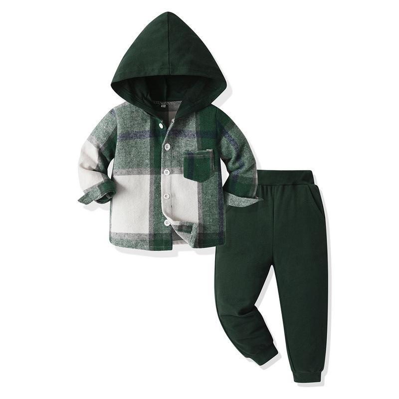 Toddler Boys Plaid Hooded Shirt & Khaki Sweatpants Set, Fashionable Long Sleeve Button-Down Top with Pocket, Comfortable Joggers for Kids, Perfect for Autumn/Winter Daily Wear & Outdoor Activities