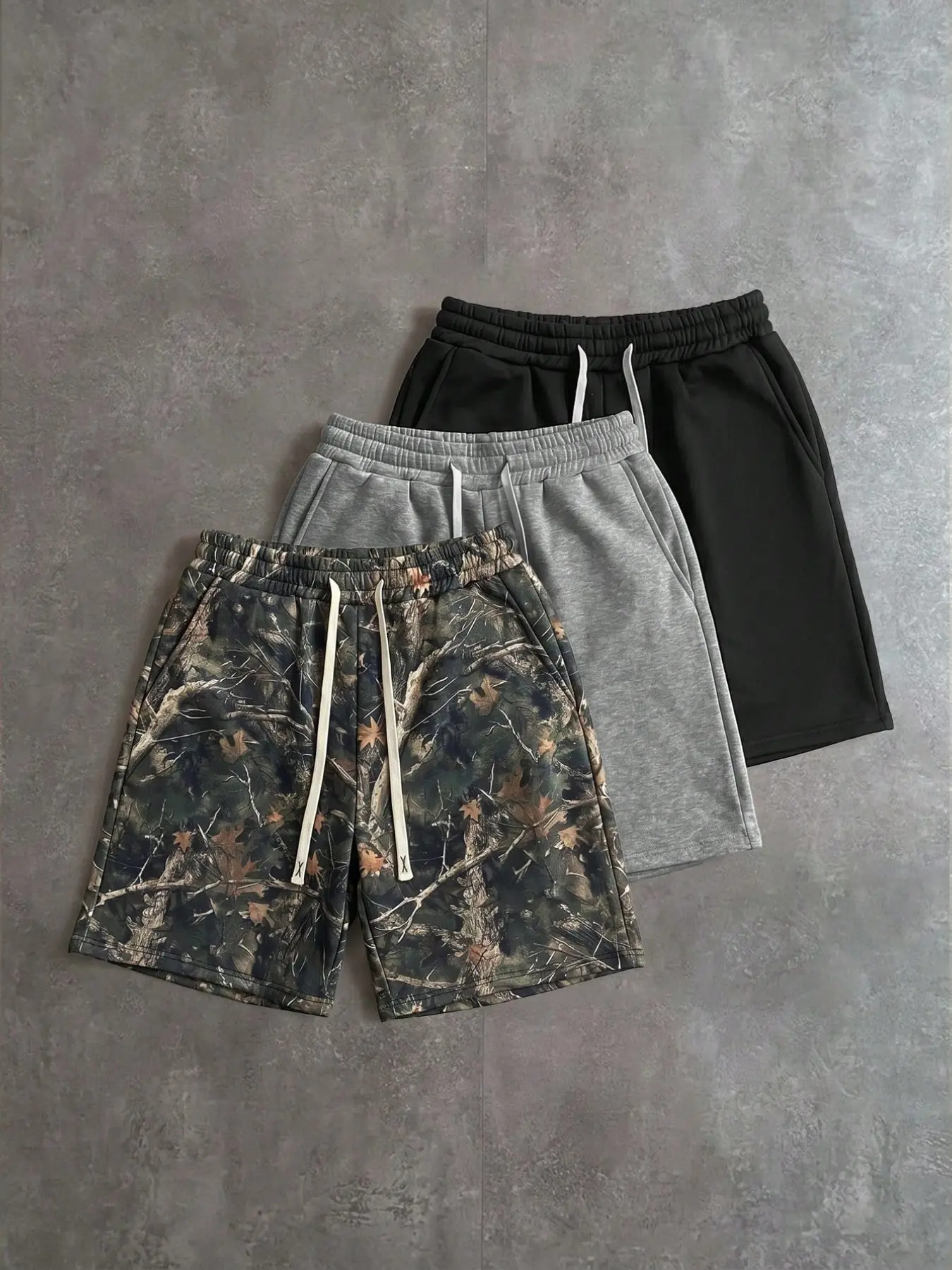 Oversized Elastic Waist Sweatshorts 3-Pack | Cozy Real Tree Branch Leaf Print Camo Shorts for Teen Guys | Athletic Loungewear Summer Shorts for School Gym Daily Wear | Casual Athleisure Shorts