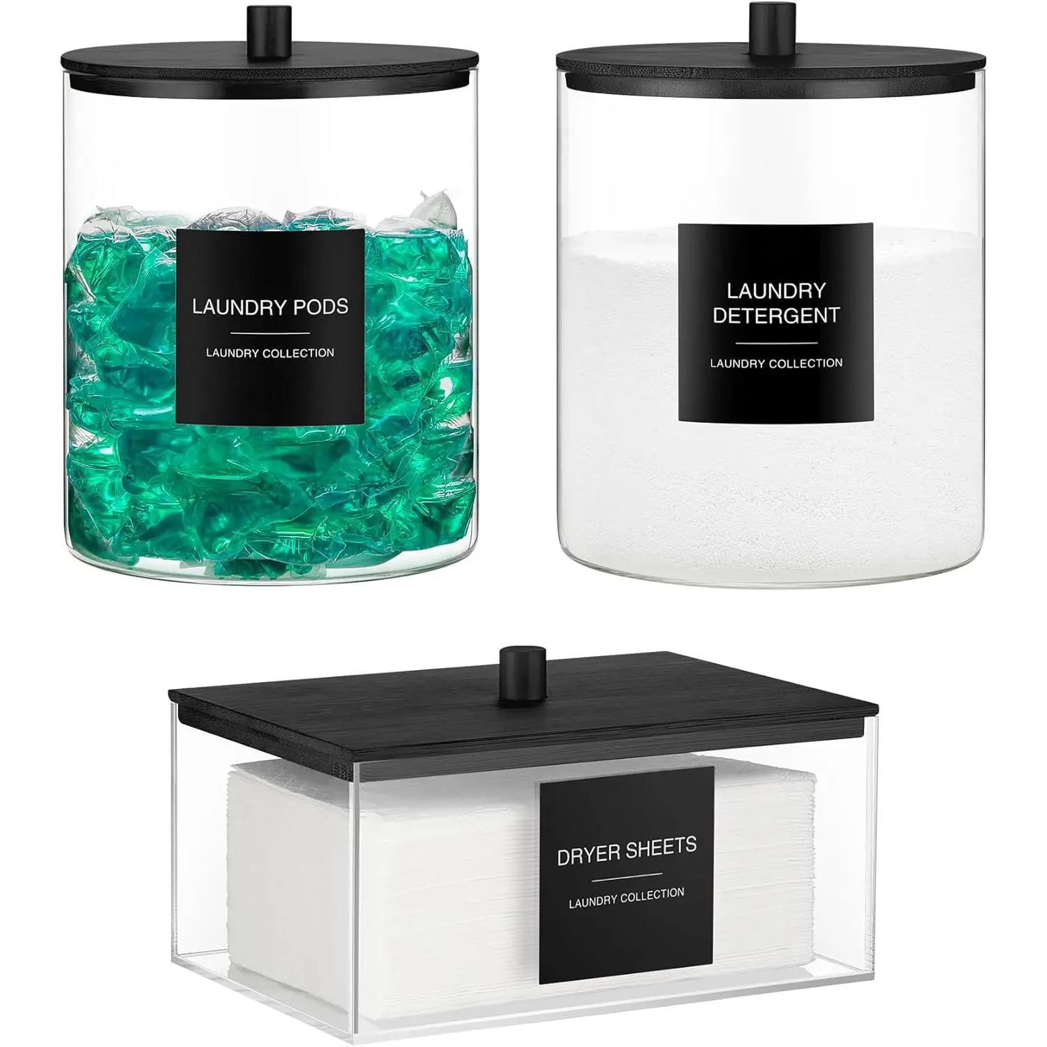 3-Pack Black Laundry Organization Storage Set - Glass Jars, Acrylic Dryer Sheet Holder, Laundry Pods Container with Bamboo Lid, Detergent Storage Jars, 27 Labels for Organized Space, Compact Jars