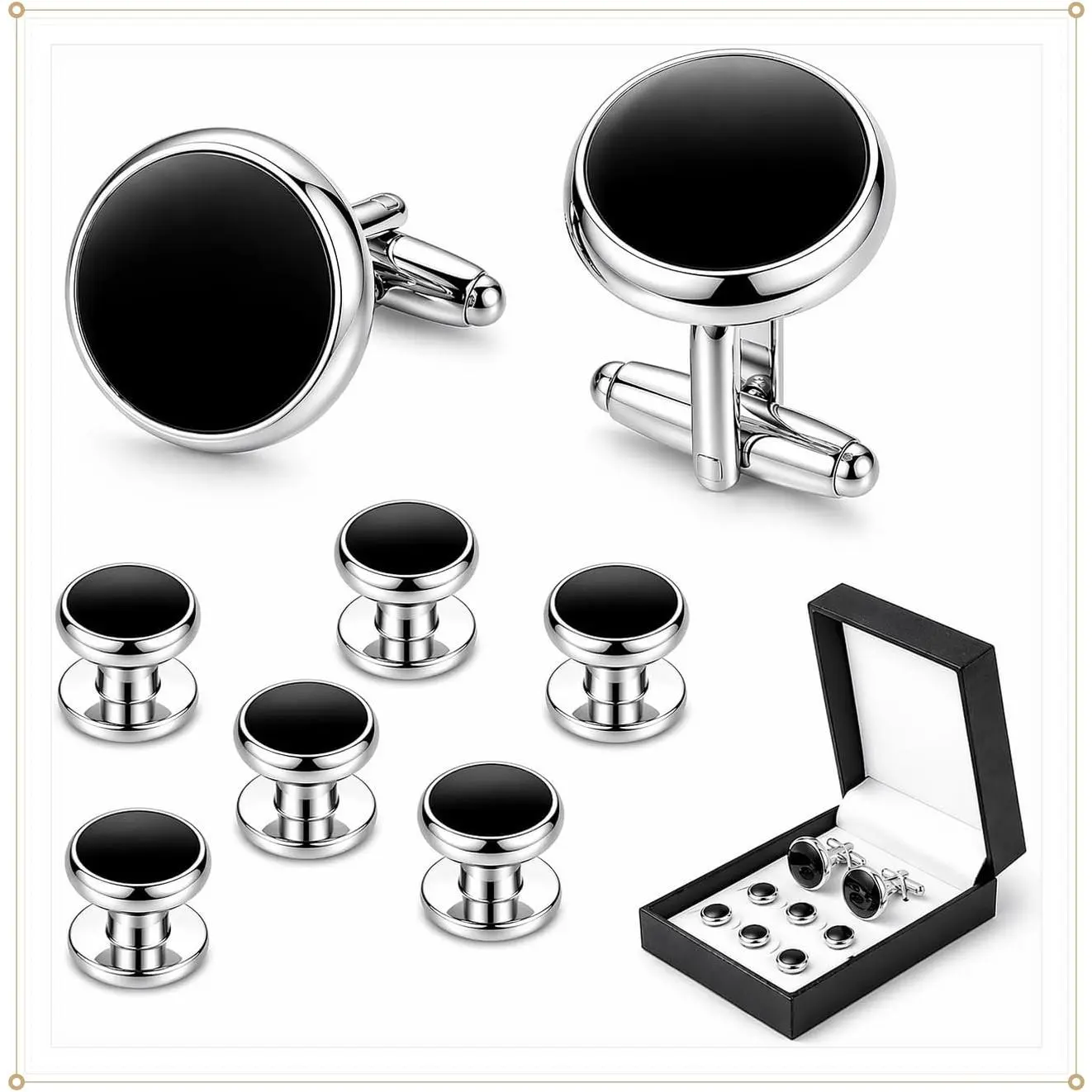 Men's Cufflinks & Tuxedo Studs Set - 316L Stainless Steel Formal Wedding Jewelry, Groomsmen Gift Set with Gift BoxGift