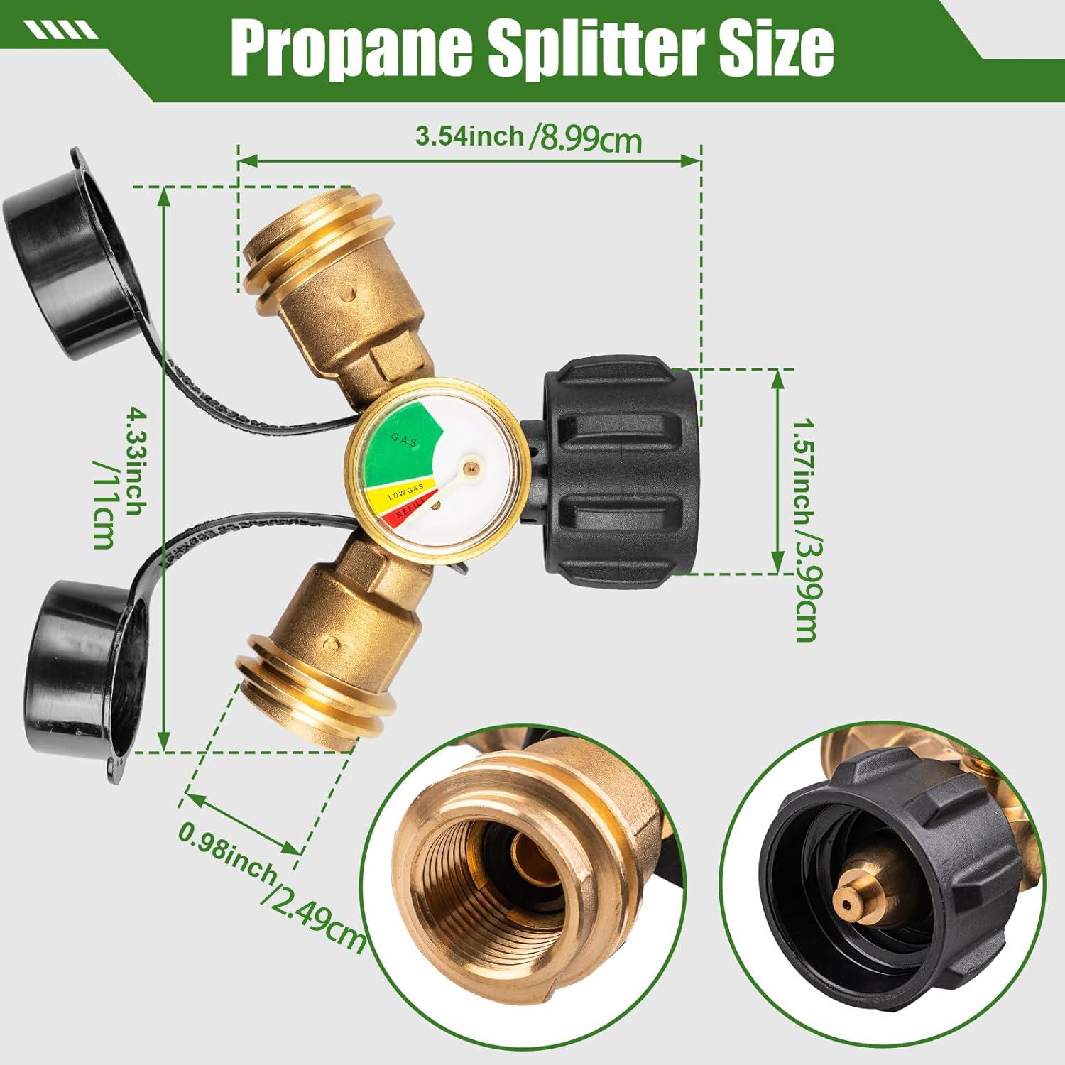 Propane Tank Y Splitter with Gauge and Shut-Off Valve, 2 Way Splitter Adapter Fitting for Gas Grills, Heaters, Camping Stoves, BBQ Griddles, Gas Burners