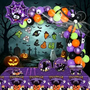 1 set Halloween Themed Party Decoration Set, Including Disposable Tableware, Balloon and Banner Set, Cartoon Spider, Pumpkin，for Halloween Horror-themed event,Family party activities Children Gifts