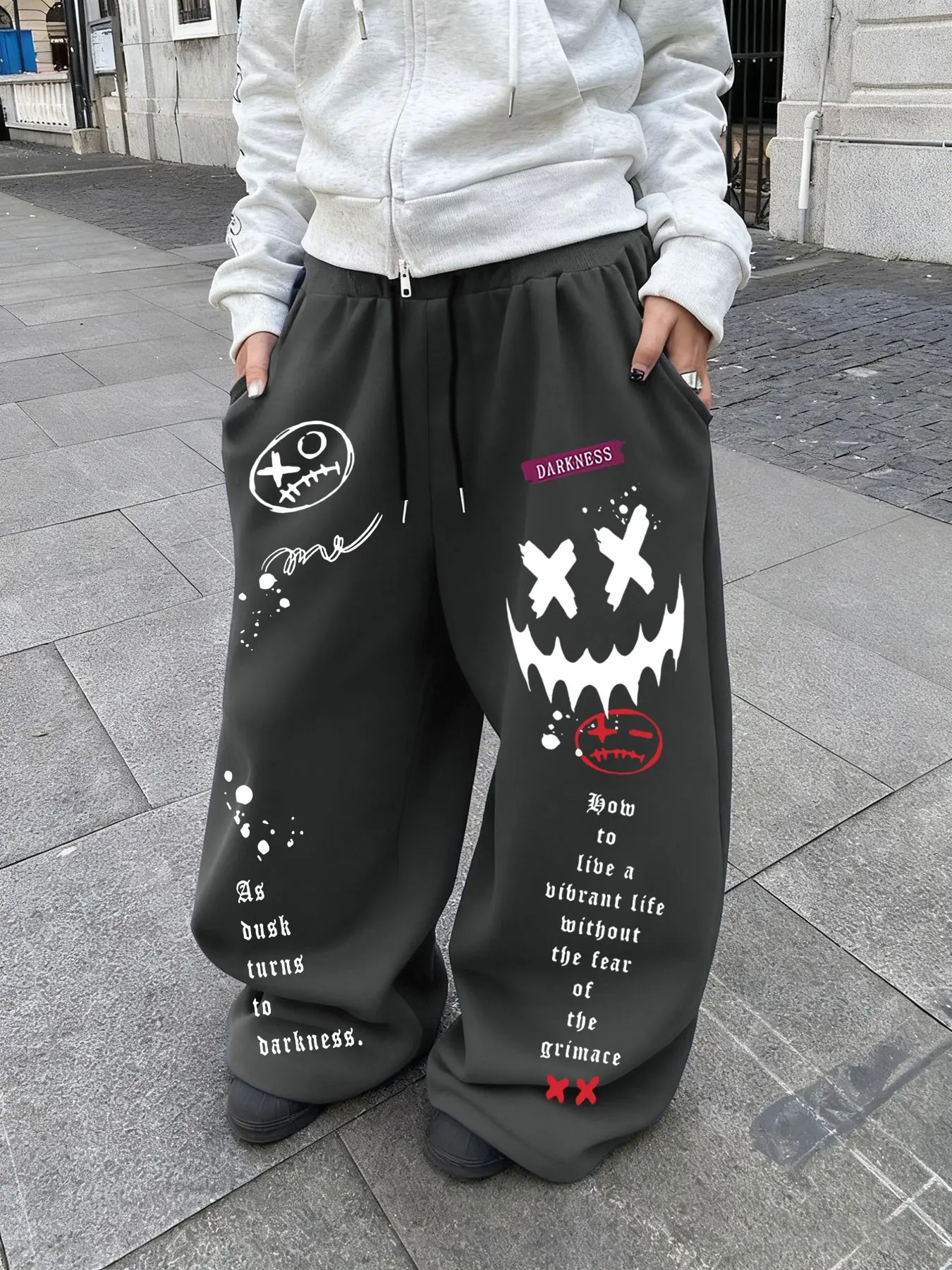 Women's Casual Long Pants, Waist Drawstring Straight Leg, Smiley Face Print, Comfortable Daily Wear, All Seasons, Sporty & Homewear
