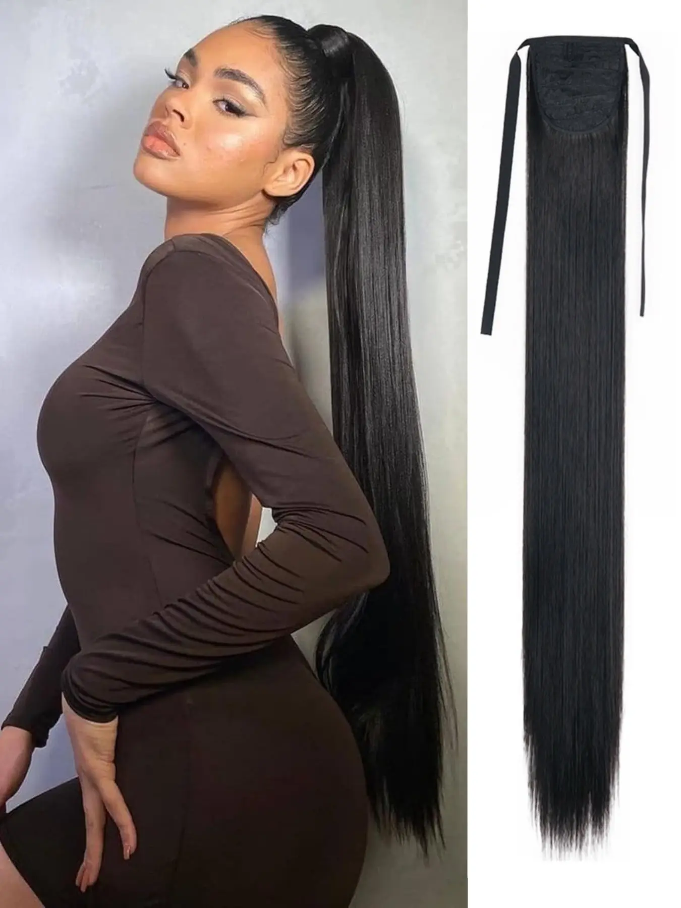 Tie‑on Ponytail Extension,34 Inch Long Straight Drawstring Ponytail Synthetic Hairpieces Fake Pony Tails Natural Soft Clip in Hair Extension Straight Ponytail Extensions Premium Synthetic Hair ponytail for Women