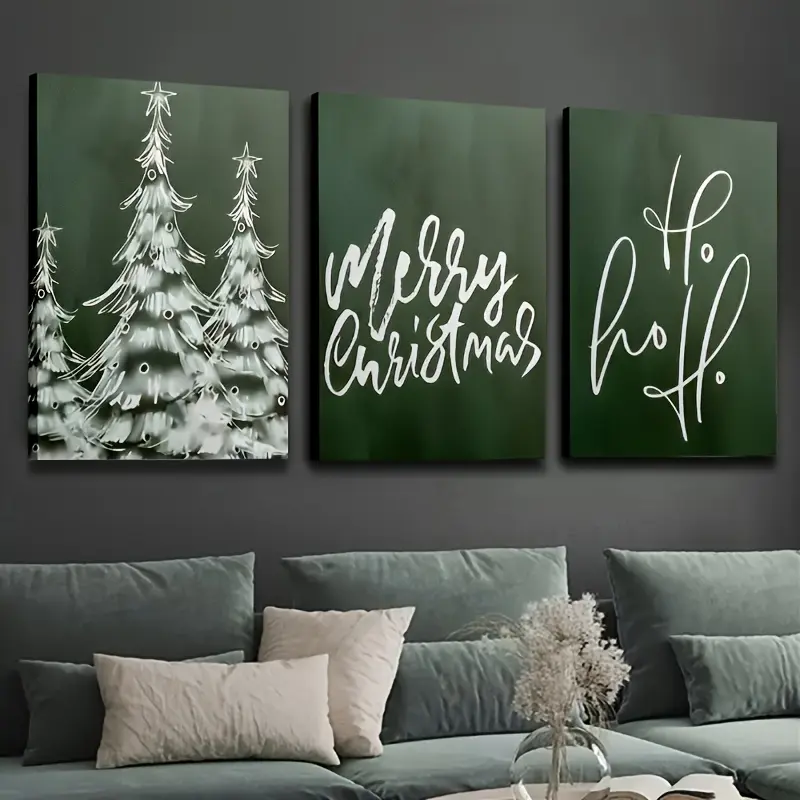 2D canvas, 3-piece framed canvas painting and poster set, ready to hang, Christmas item, green background, Christmas tree, home decoration, wall art, room decoration, high-definition print, ideal gift, living room, bedroom, dining room
