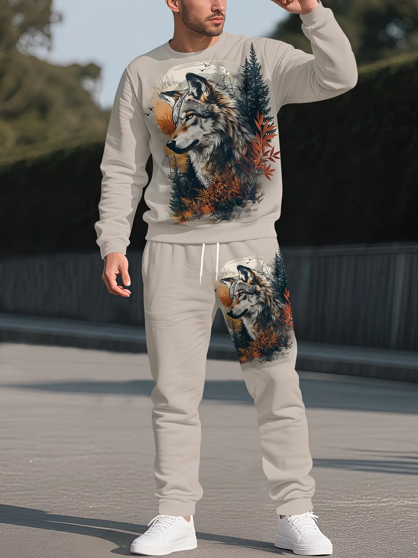 Autumn Forest Wolf Digital Print Sweatshirt Set, Casual Fitted Crewneck Long Sleeve Top & Pants, All-Over Print, Medium Length, H-Type Silhouette