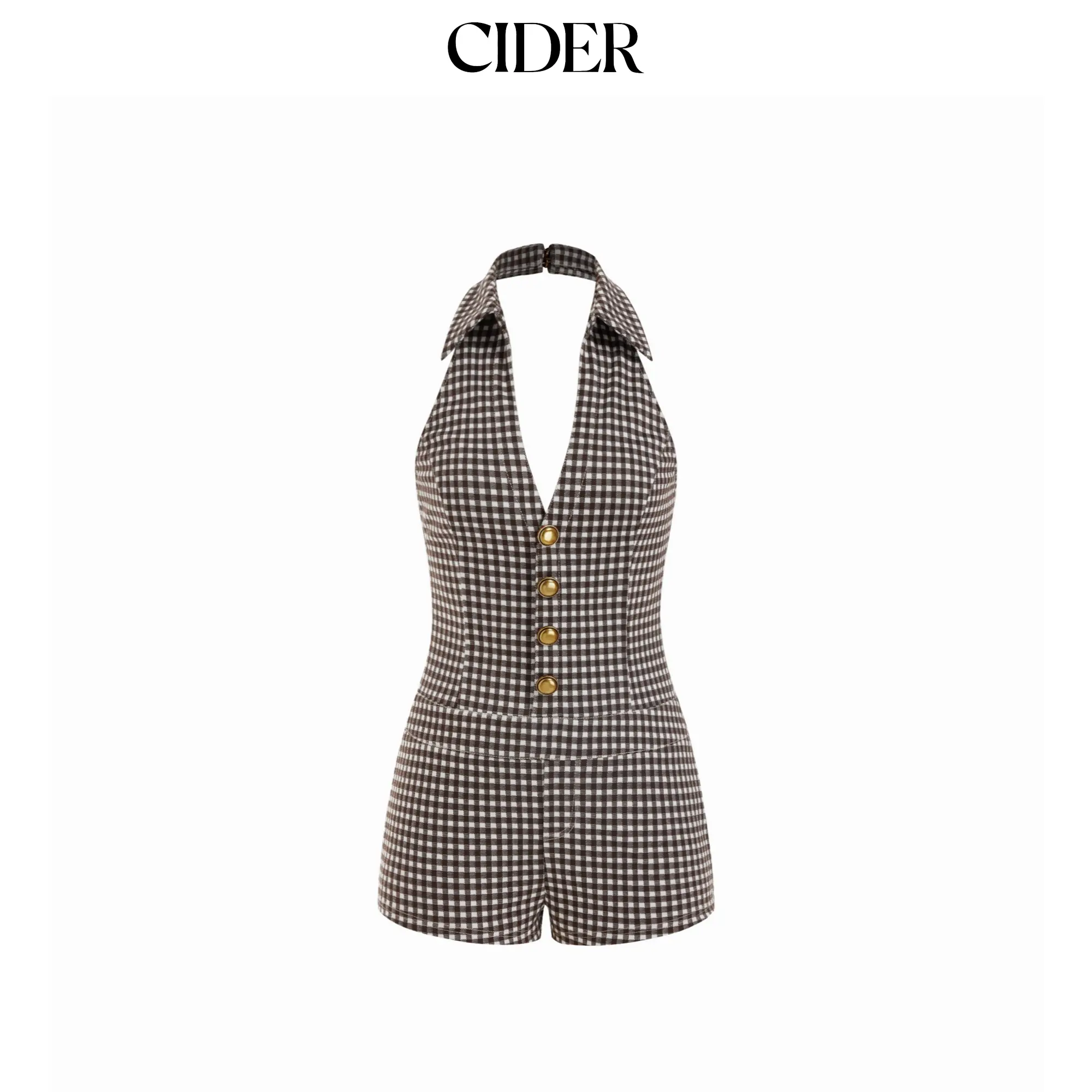 Cider Plaid Button Decor Halter Neck Romper