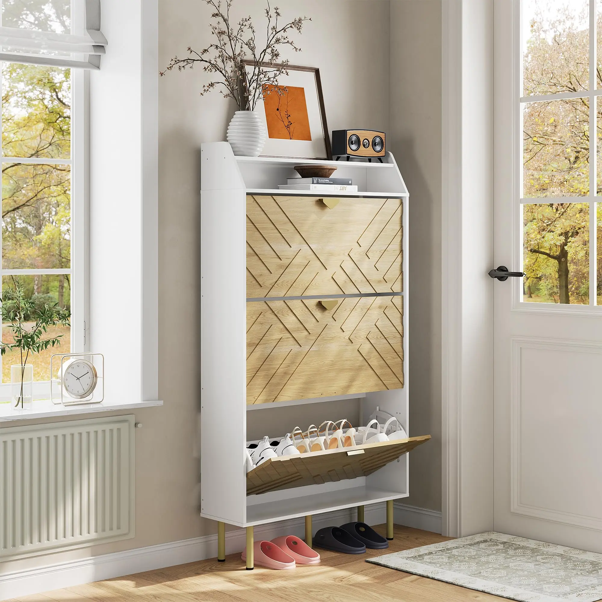 White Decorative Wood Farmhouse 3-Drawer Shoe Cabinet with Cushion & Synthetic Leather Bench - Narrow Freestanding Wall-Mount Space Saving Furniture, MDF Panels & Shelf Modern Hidden Organizer for Adults' Entryway, Small Room Ideas