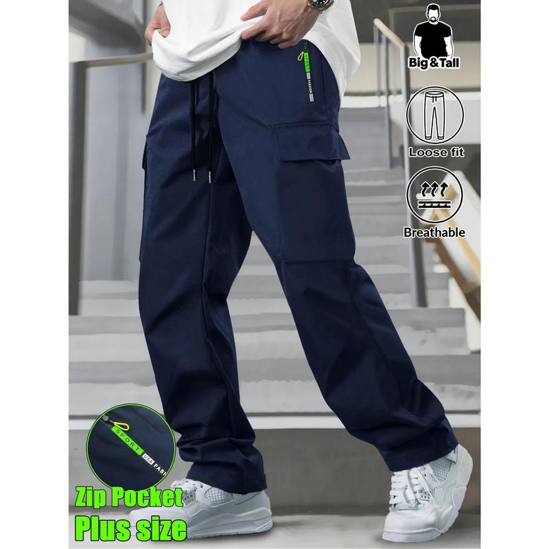Men's Plus-Size Loose-Fitting Cargo Pants - Menswear, Classic Athletic Style, Lightweight Polyester Fabric, Drawstring Waist, Zip Pockets, Patch Pockets, Sportswear, Activewear, Gym, Dry Clean, Fashion Streetwear Bottoms, 2XL