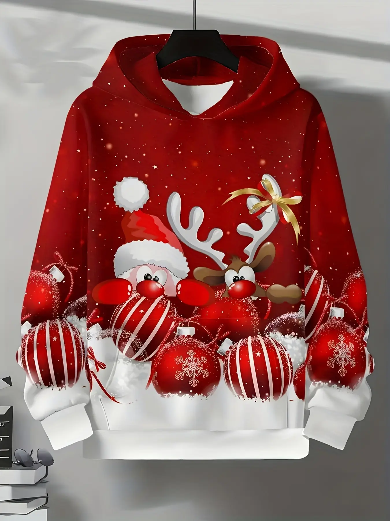 Men's Christmas Hoodie - A pullover hoodie with Santa Claus and reindeer patterns, a red festive sweater suitable for a Christmas party, casual winter clothing - a comfortable men's gift, Christmas attire, festive casual wear