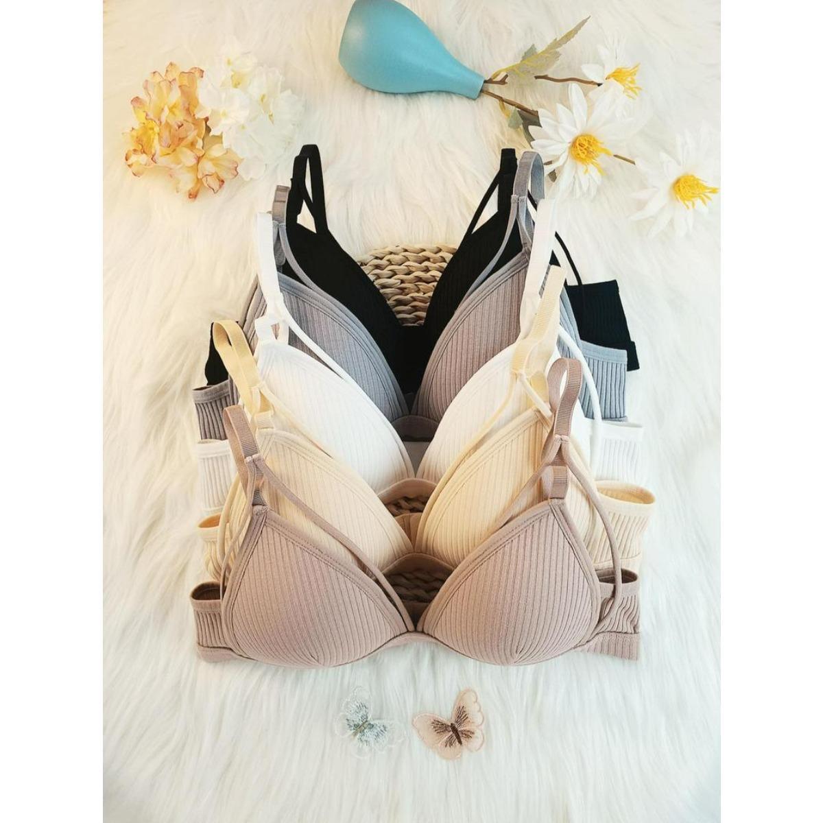 Women's Summer Basic Solid Wireless Bra, Lingerie for Women, Casual Comfortable Adjustable Strap Push Up Bra for Summer Daily Wear, Softness Lingerie Outfit for All Seasons Cotton Fabric Strapless Bras Elegant Medium Knit