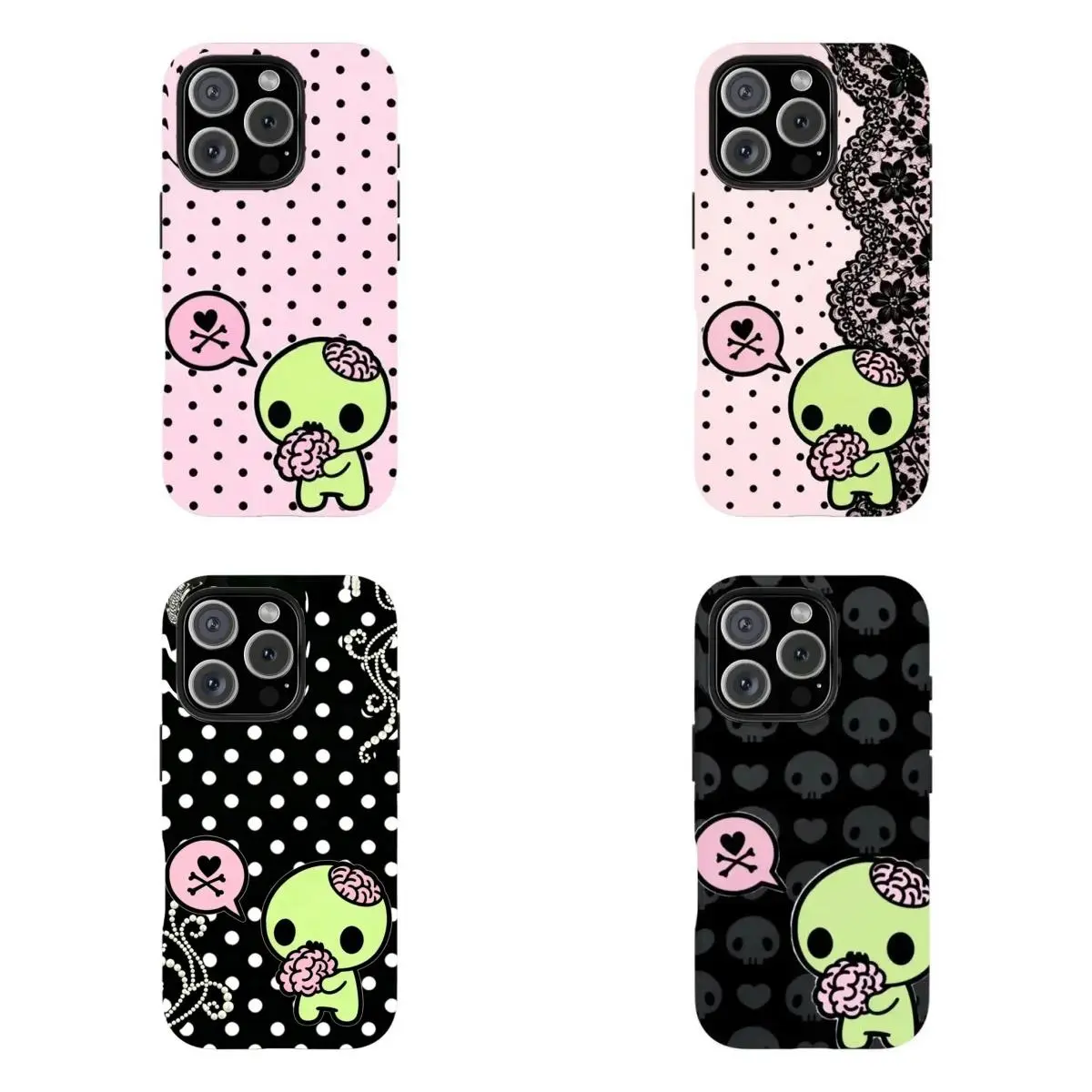 Custom Shockproof Pastel Goth Zombie Smartphone Case - Cute Kawaii Horror Design with Pink Dots, Lace, Resistance & Protection, Casing for iPhone 11-17,for Samsung S21-S25, Ideal Gift for Alt Girls