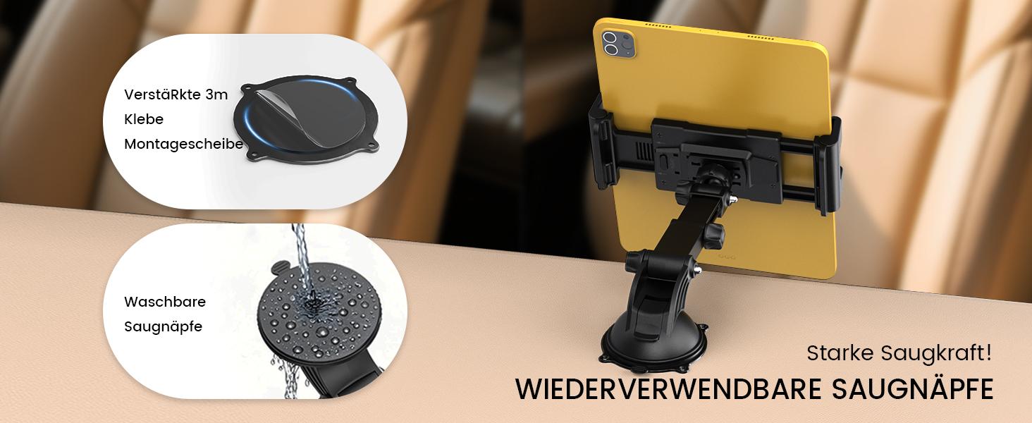 OHLPRO Tablet Holder Car, 360° Rotation Tablet Mounts, 18 cm, Extendable Arm + Washable Suction Cup, iPad Car Holder, Universal Windscreen & Dashboard for 5-13 Inch iPad, Sumsung, Smartphone