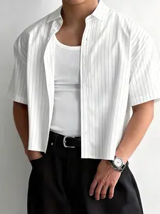 Men's White Pinstripe Striped Cropped Short Sleeve Button-Down Shirt, Casual Loose Summer Streetwear Oversized Top, Suitable for Daily Outings and Street Style