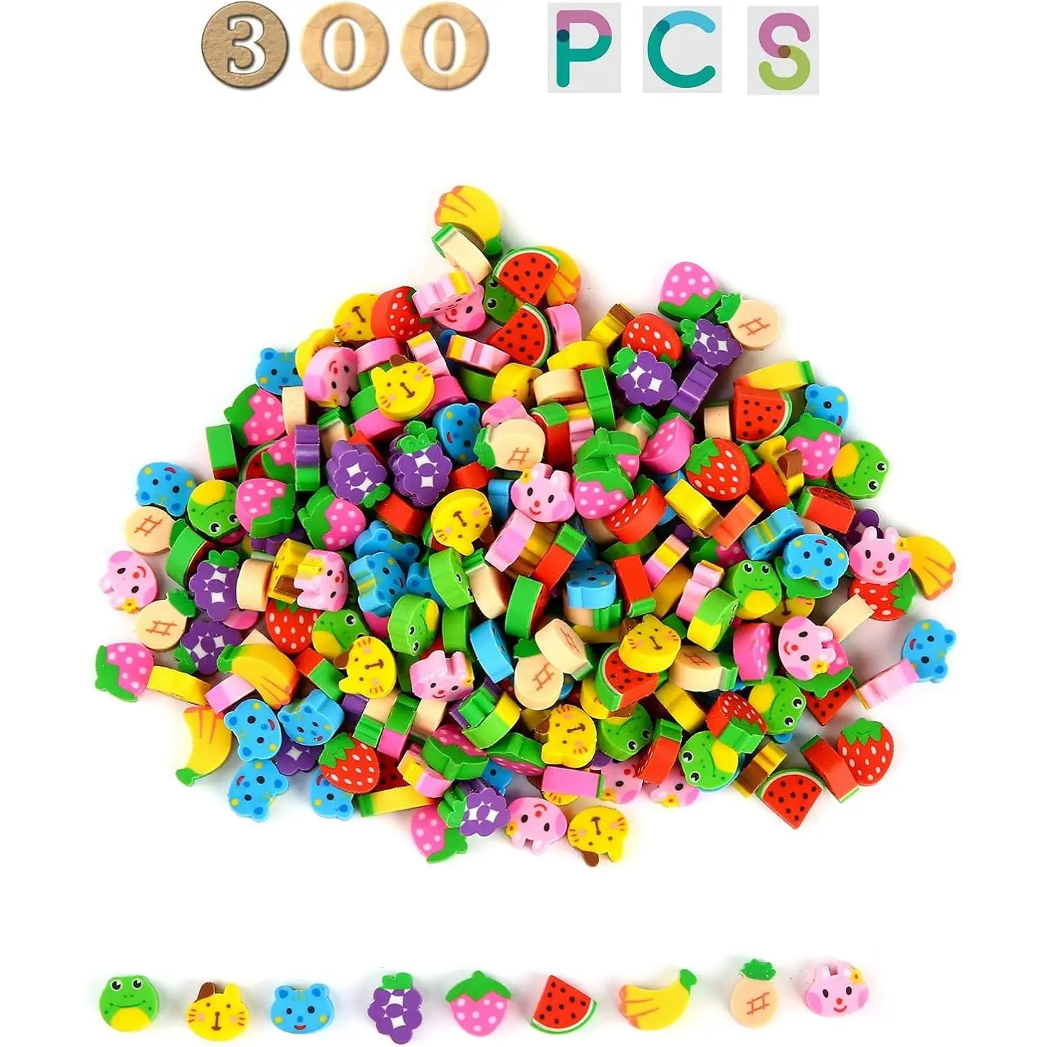 300PCS Assorted Mini Novelty Pencil Erasers for Kids,Fun Cute Bulk Fruit Animals Collection Erasers for Classroom Student Prize Homework Awards Party Gifts School Supplies