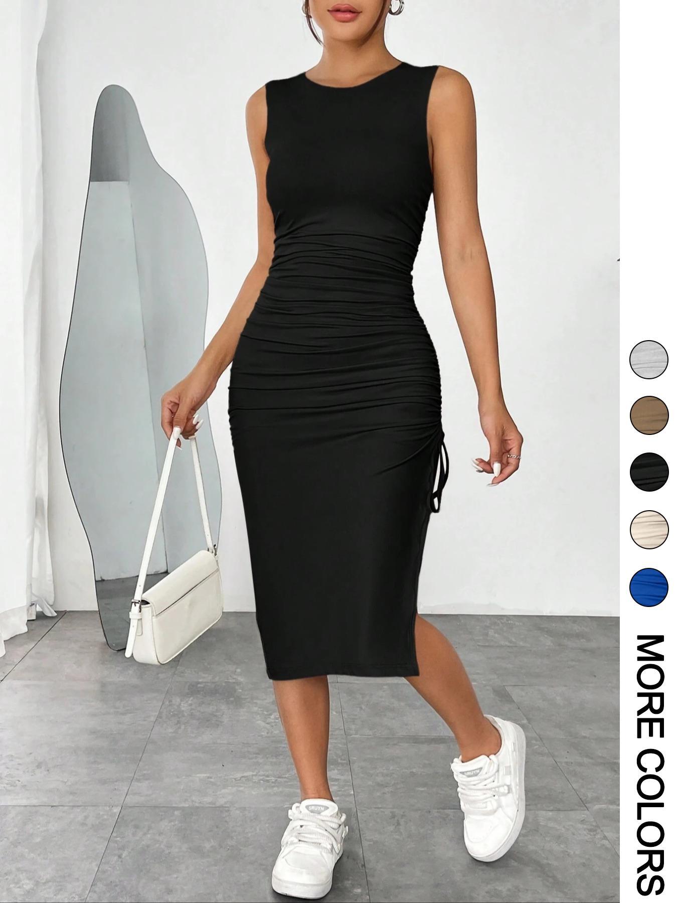 Women's Drawstring Ruched Split Thigh Tank Dress, Solid Sleeveless Round Neck Bodycon Dress, Sundress, Dresses for Women, Ladies Clothes for Summer, Womenswear