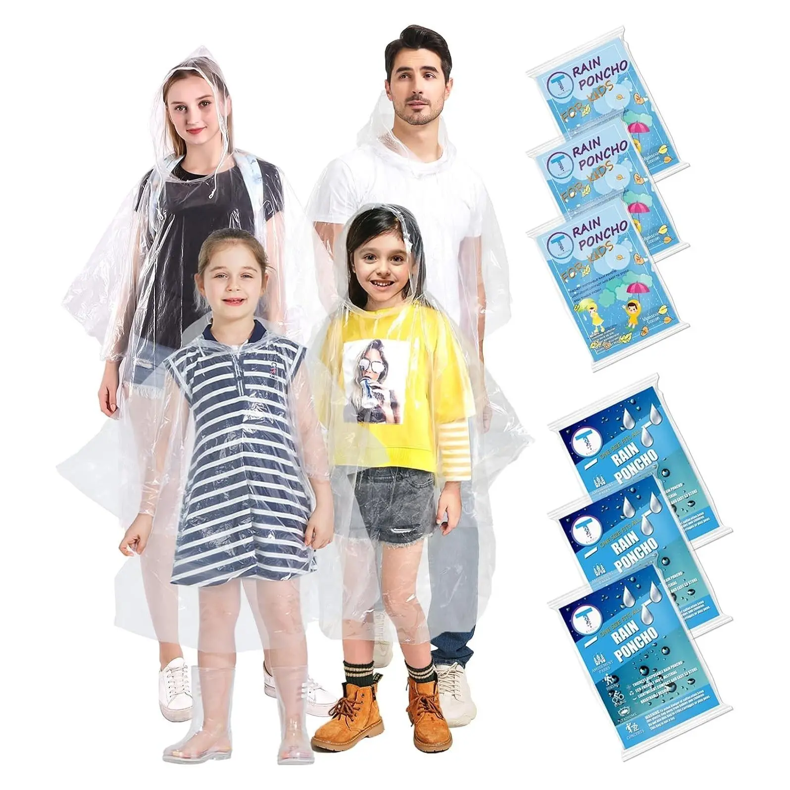 6 Pack Disposable Rain Ponchos for Adults & Kids - Extra Thick, Lightweight Waterproof Emergency Raincoats for Family Travel, Theme Parks & Outdoor ActivitiesGift