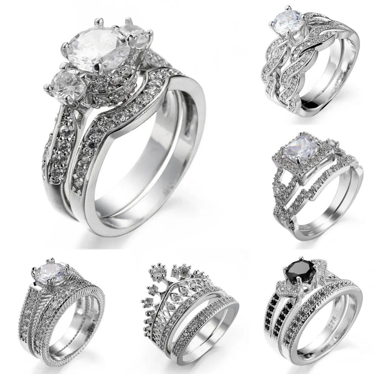 Women's 2-Piece 925 Sterling Silver Wedding Ring Set - 3-Stone Round Cut Cubic Zirconia Matching Curved Band, Sports & Outdoor Compatible Jewelry for Women, Romantic Accessories Gift Set