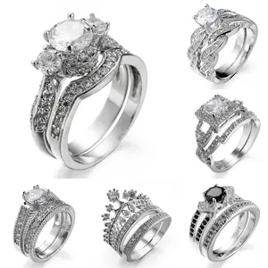 2 Pcs Silver Wedding Ring Set for Women 925 Sterling Silver 3 Stone Round Cut Cubic Zirconia Matching Curved Band Engagement Rings Anniversary Gift