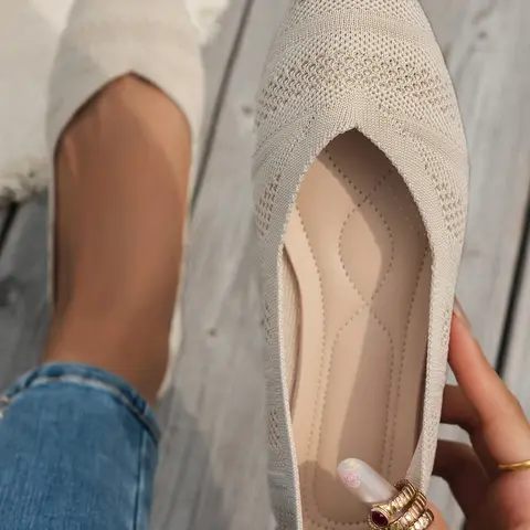 Single Hollow Out Pointed Toe Knit Flat Shoes, French Gentle Commuter Style, Stylish Slip ons, Versatile Casual Travel Shoes, Elegant Floral Pattern, Women Walking Shoes