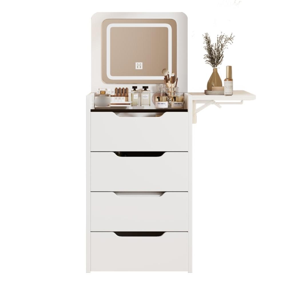 3 in 1 Vanity Desk with Plip Top Mirror, Small Make Up Vanity Set with Visible Glass Desktop, Compact Makeup Vanity with 3 Drawers, Cushioned Tool, Dressing Table for Bedroom