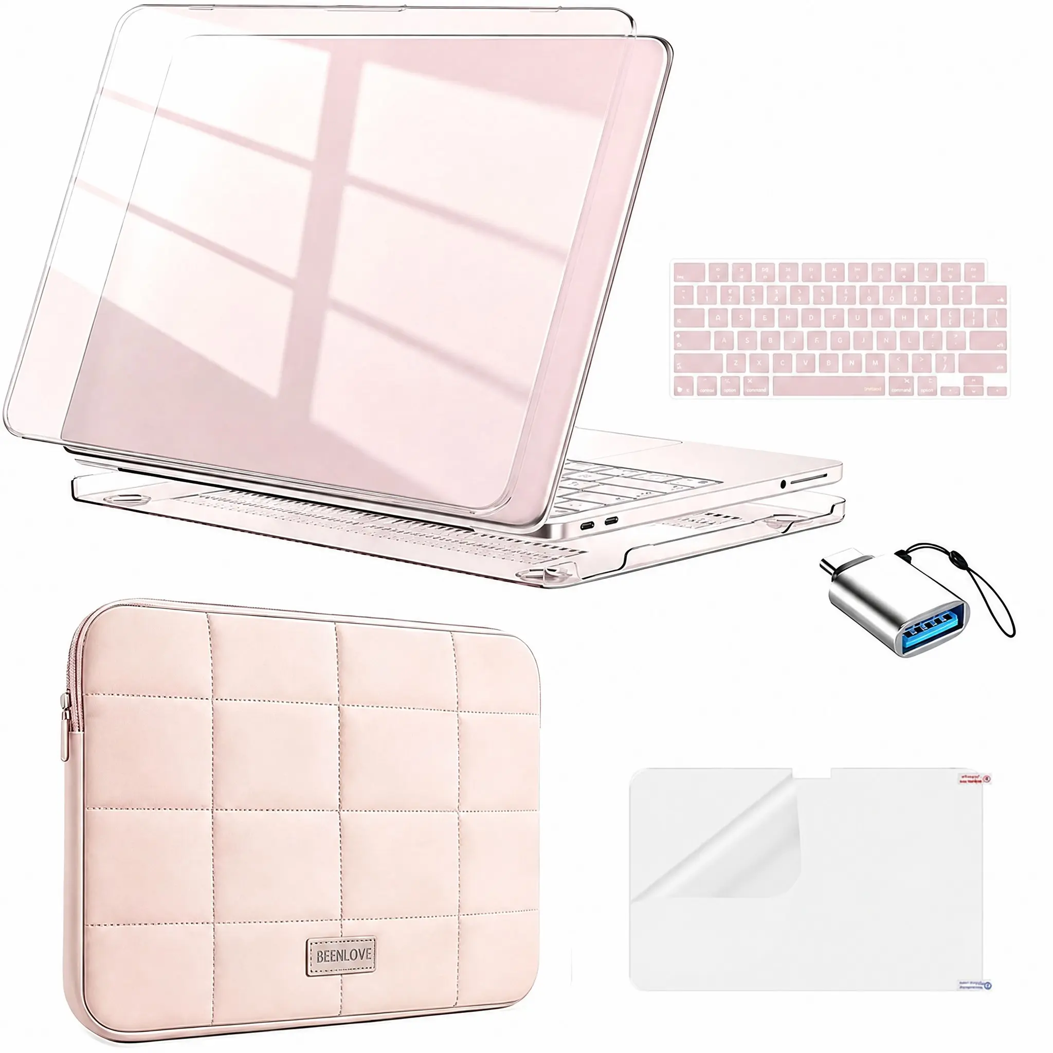 Macbook Neo 5-Piece Aesthetic Protection Set, Protective Covers, Glossy Crystal Case, Keyboard Film, Screen Protector, Plush Sleeve, Adapter Included