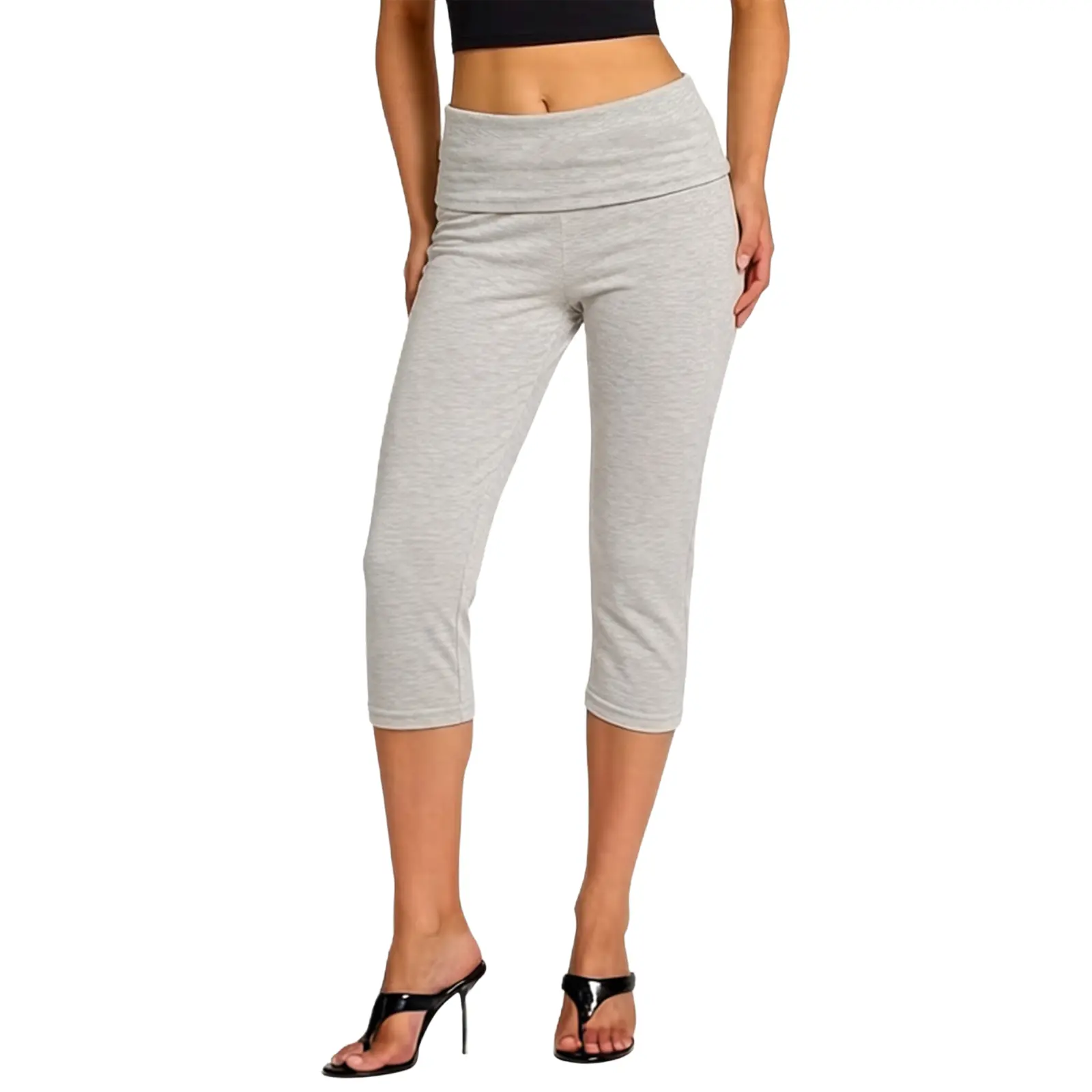 Women Capri Pants, Folded Elastic Waist 3/4 Length Cropped Pants