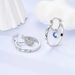 Women's 2PCS Dainty Double-Layer Star Moon Hoop Earrings, Elegant Celestial Fashion Ear Jewelry, Trendy Unique Everyday Accessory Gift
