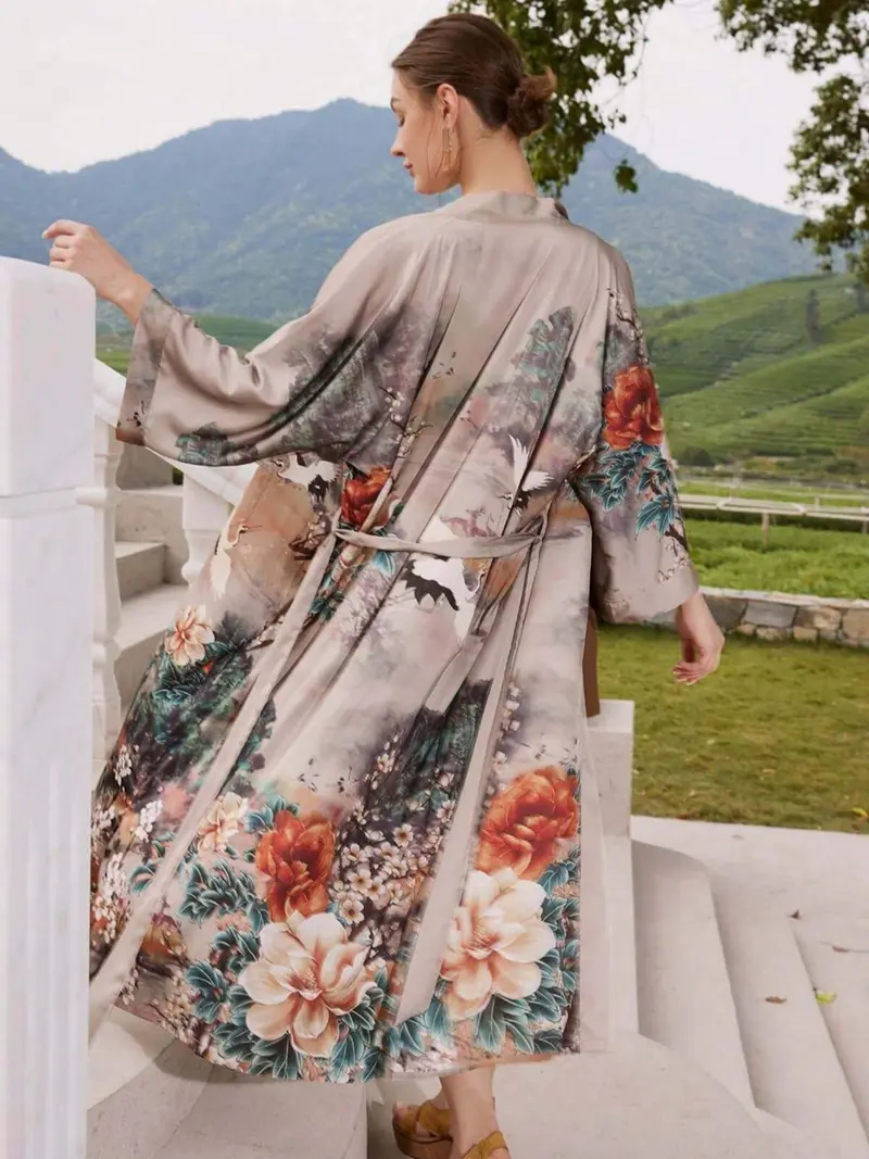 Boho Ethnic Style Crane Floral Print Long Sleeve Kimono Cardigan, Women's Elegant Casual Beach Cover-Up Jacket, Thin Windbreaker Robe Dress
