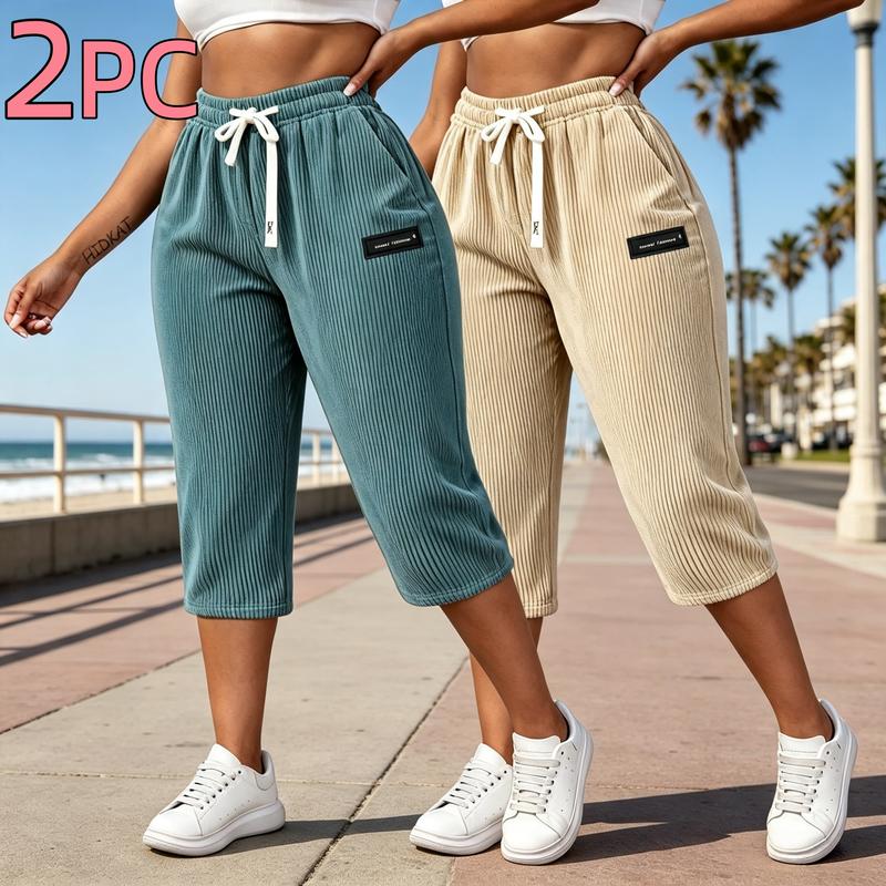 Women's 2PC Corduroy Athletic Bottoms - Lightweight, Solid Color, Adjustable Waistband, Slim Fit Lady Activewear for Summer Outdoor Sports, Female Casual Sportswear