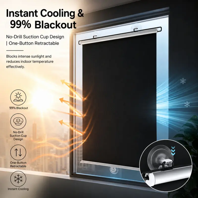 No Drill Suction Cup Blackout Roller Blind, 99% Light Blocking & Cooling, Great for Bedroom, Bathroom & Rental Apartments, Cordless Blinds, Blackout Shade, Non Drill Blinds