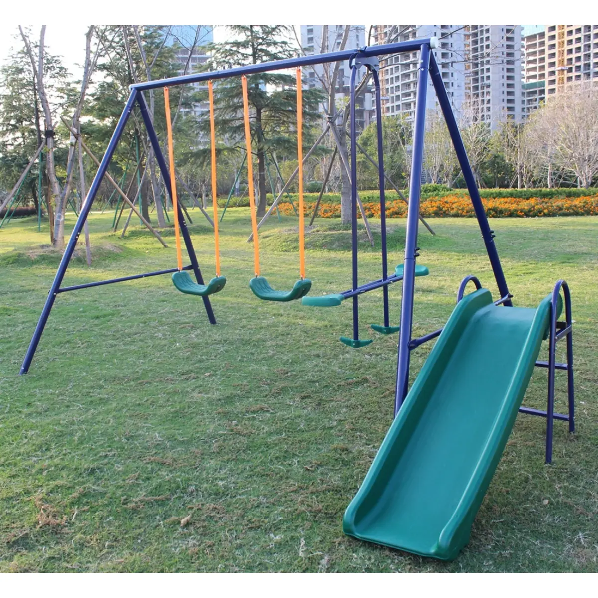 Aobtkel3 in 1 Swing Set With Belt Swing, Slide, Glider for Backyard