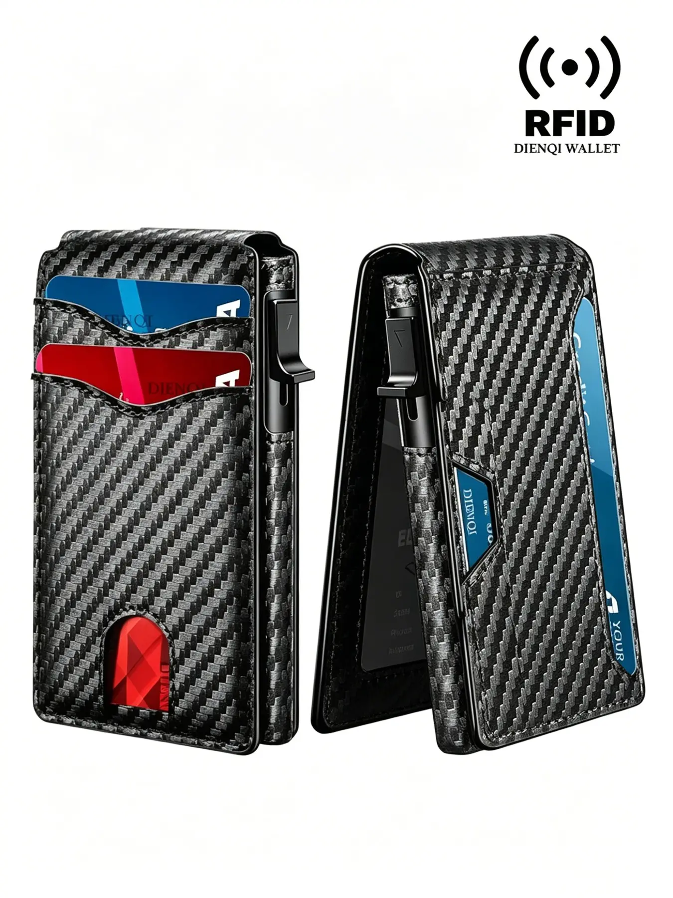Carbon Fiber Pattern RFID Blocking Pop Up Card Wallet for Men, Slim Minimalist Auto Eject Credit Card Holder, Portable Anti-Theft Pocket Wallet, Credit Card Organizer