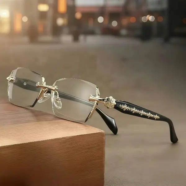 Men's Rimless Square Clear Lens Eyeglasses, Vintage Luxury Gold Black Carved Temple Fashion Glasses, Lightweight Retro Eyewear for Business Daily Wear Street Style