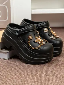 Women's Punk Style Hole Shoes, DIY Chain Flower, Thick Sole Eva Material, Comfortable Gardening Shoes, All Seasons