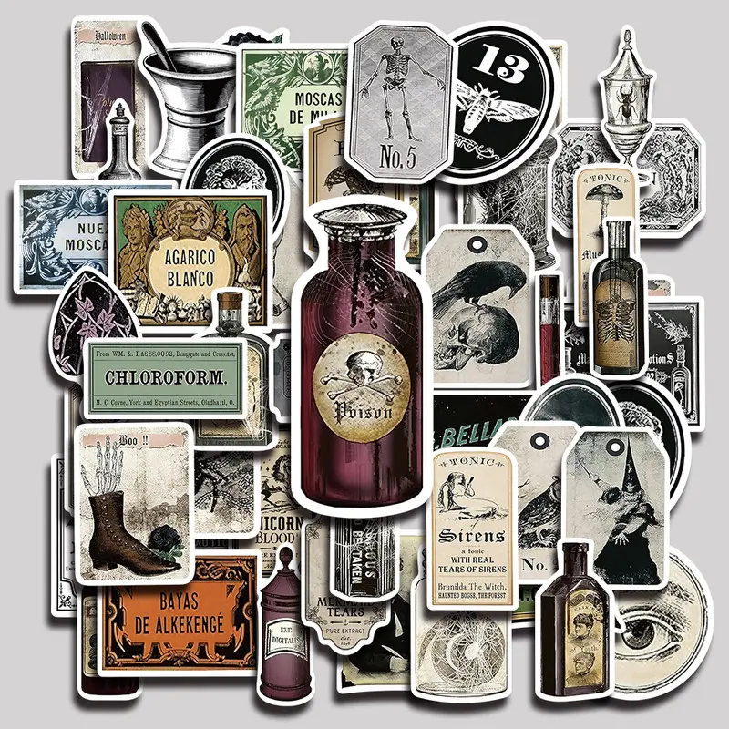 50PCS Vintage potion bottle labels Aesthetic Vinyl Stickers Pack for Laptop Water Bottle Phone Case Skateboard Journal Scrapbook DIY Decoration