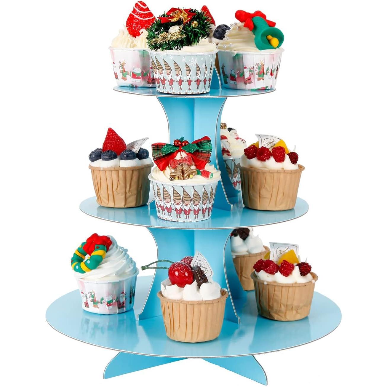 2 count 3-Tier Cupcake Stand, Cake Stand holder, Tiered DIY Cupcake Stand Tower for Dessert Table Displays, Birthday Theme Party Favors Decoration, Floral  Party, 12" W x 12.8" H, Light Blue