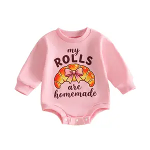Infant Baby Girl Thanksgiving Romper Long Sleeve Croissant Letters Print Fall Winter Jumpsuit 0-18 Months