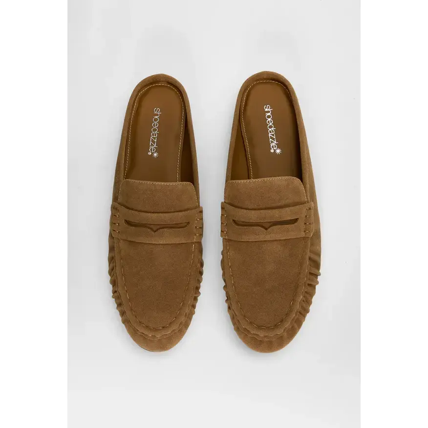 JUST FAB Women's Backless Loafer Mules, Slip-On Penny Loafers with Low Block Heel and Ruched Square Toe Casual Shoes Suede Loafer Comfort Footbed