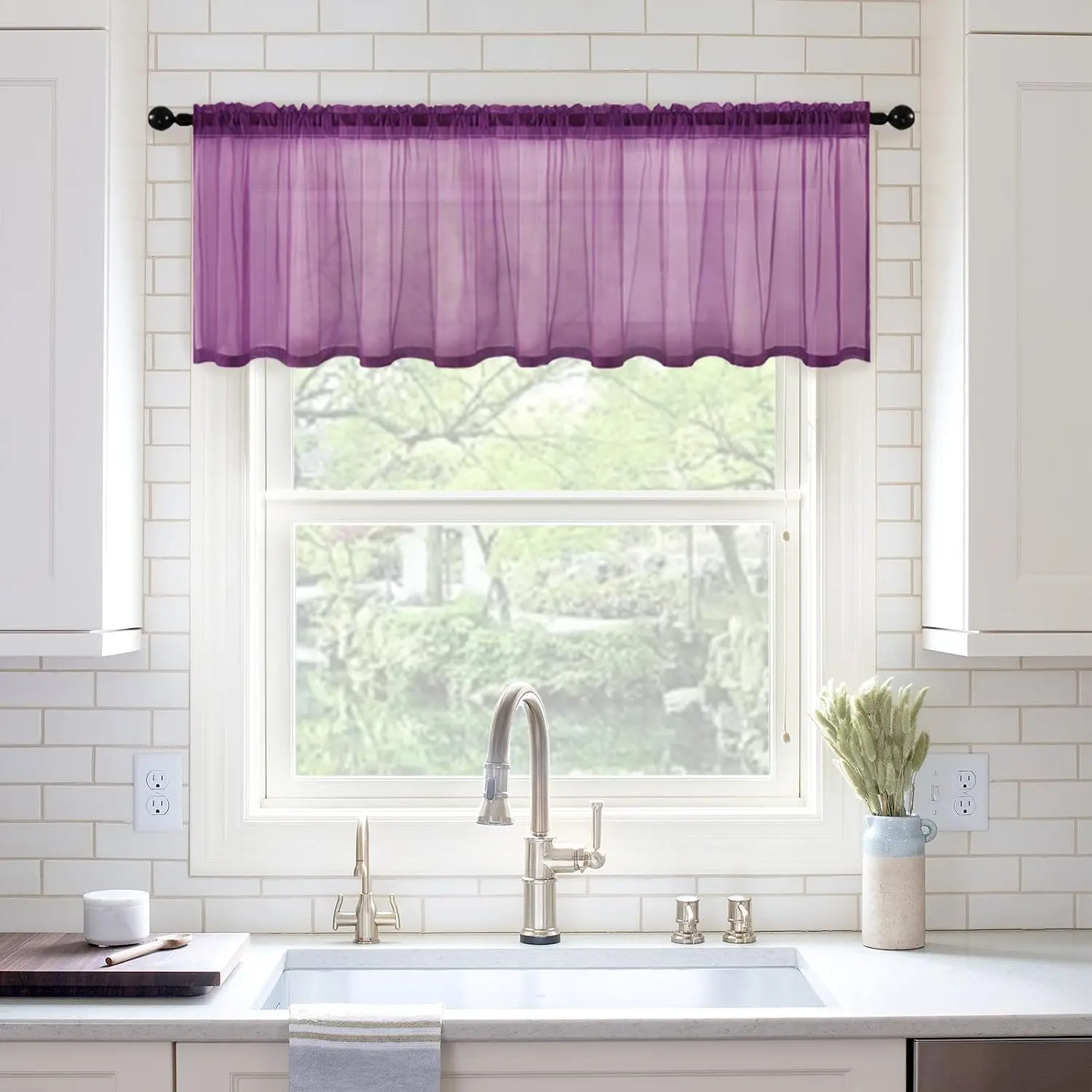 Half Window Sheer Curtains Rod Pocket Semitranslucent Voile Drapes Extra Wide for Small Window Kitchen Cafe  Panel 60 x 18 Inch Plum