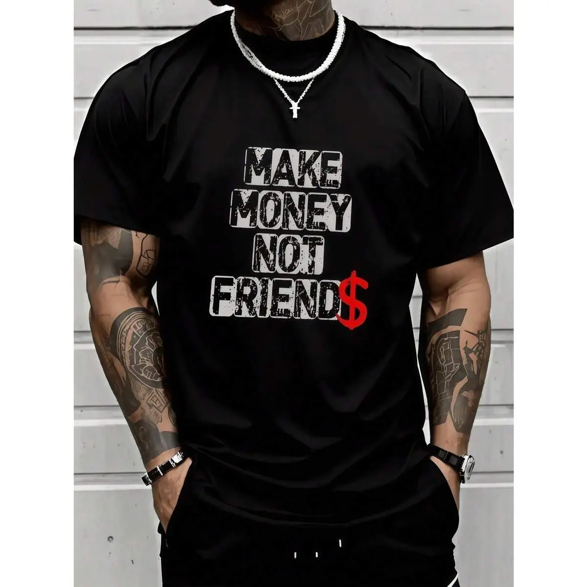 1pc Mens Clothes Money Dollar Print Black TShirt, Unisex Casual Crew Neck Tshirt, Plus Size Men's Clothing 5XL, Lightweight 220gsm Knit Fabric,