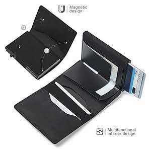 Slim Wallet for AirTag Genuine Leather RFID Credit Card Holder Automatic Pop up Wallet |   Slim Design Multipurpose Accessory for AirTag Case for Men (Black Leather)\u2026