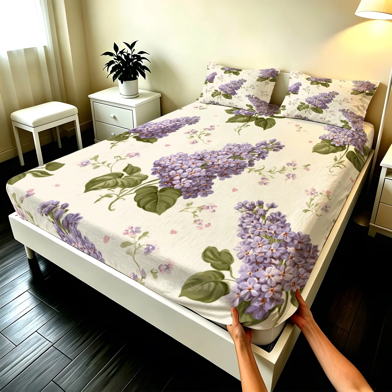 3pcs Fitted sheet Lilac Floral Printed Soft Microfiber Bedding Sheets Set Wrinkle Resistant Fade Proof Breathable Skin Friendly for Bedroom Hotel Dorm Home Twin Full Queen King Size (Excluding filling and pillow inner)