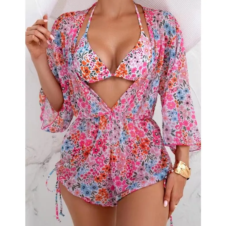 Women's Sexy Loose Mesh Three-Piece Bikini Split Swimsuit shoulder