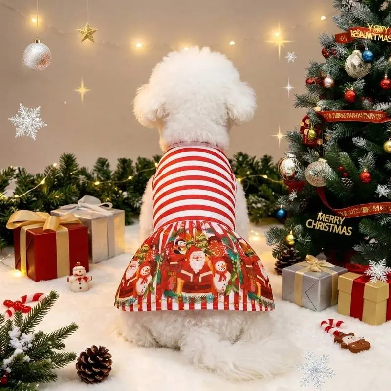 Christmas Dog Dress Pet Clothes, Red White Striped Bowknot Princess Skirt Cat Girl Apparel Outfit, Cute Santa Claus Snowman Penguin Christmas Tree Print, Winter Warm Xmas Holiday Party Cosplay Dress Up Costume For Small Medium Large Dogs Cats Puppy
