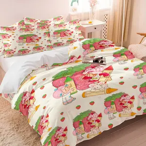 Retro Cute Strawberry Girl with Crayon & Bunny Bedding Set, 1 Duvet Cover + 1/2 Pillowcases, No Core, HD Vivid Print, Nostalgic Cartoon Characters & Strawberry Design, Skin Friendly Bedding for Kids & Cozy Room