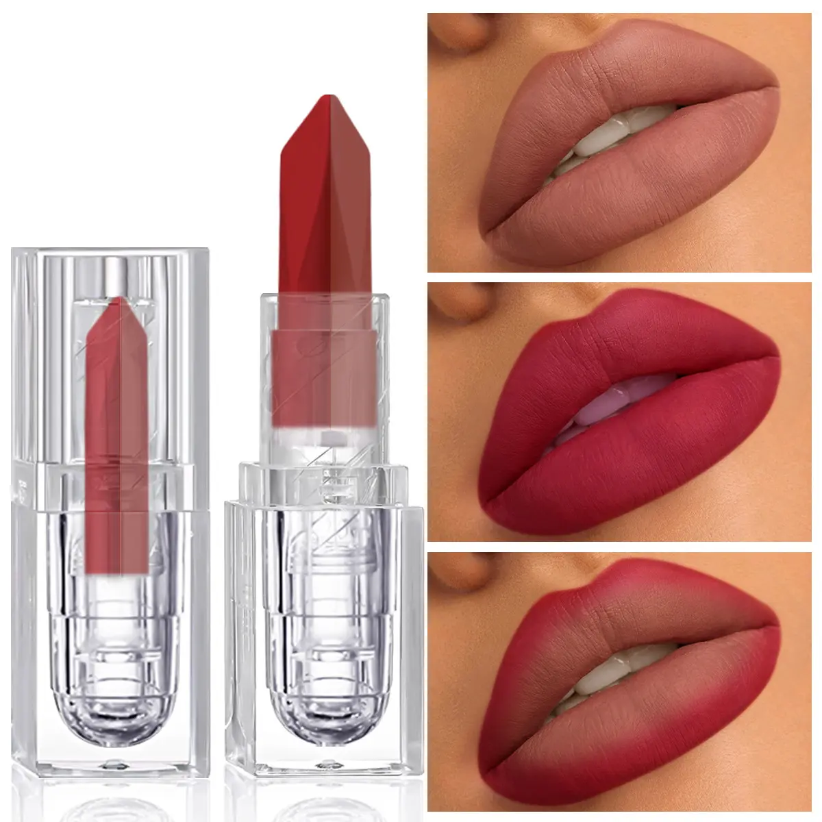 2in1 Red Brown Two-color Patchwork Beauty Lipstick Matte Soft Soft Velvet Long Lasting Non Drying Nude Red Lip Makeup Lip Gloss for Daily Party Lip Cosmetic Lip Products Makeup