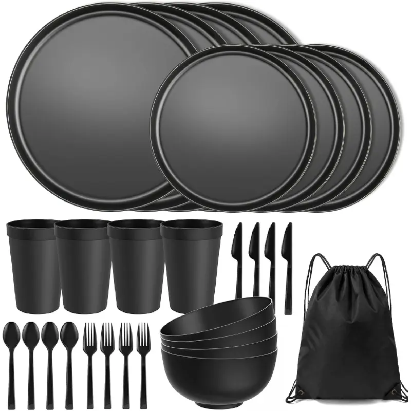 Plates and Bowls Sets for 4 with Cutlery, 28 Piece Unbreakable Plastic Dinnerware Set, BPA-Free Dish Set for Apartment Dorms, Camping RV Kitchen Essentials